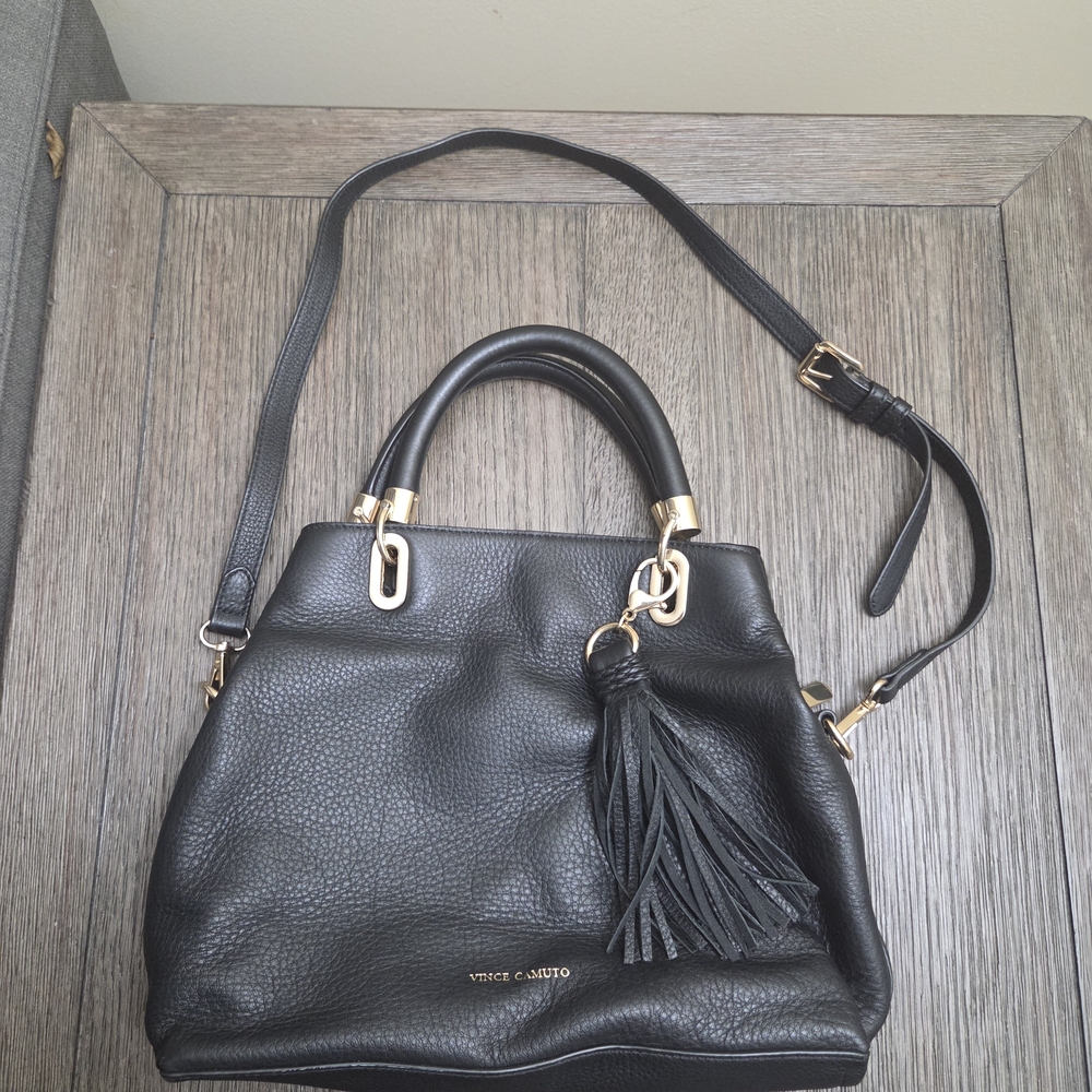 Vince Camuto Black Pebbled Leather Shoulder Bag with Tassel